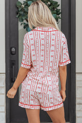 Red Cute Bow Heart Print Ribbon Decor Short 2pcs Pajama Set