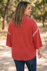 Fiery Red Twist Ribbed Tunic Round Neck Bracelet Sleeve Plus Size Blouse