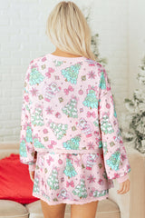 Pink Floral Print Lace Trim Long Sleeve Skirt Set