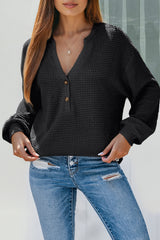 Black Button Notched Neck Waffle Knit Long Sleeve Top