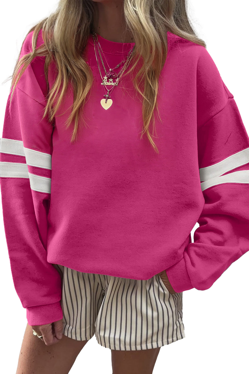 Rose Red Preppy Striped Sleeve Loose Sweatshirt