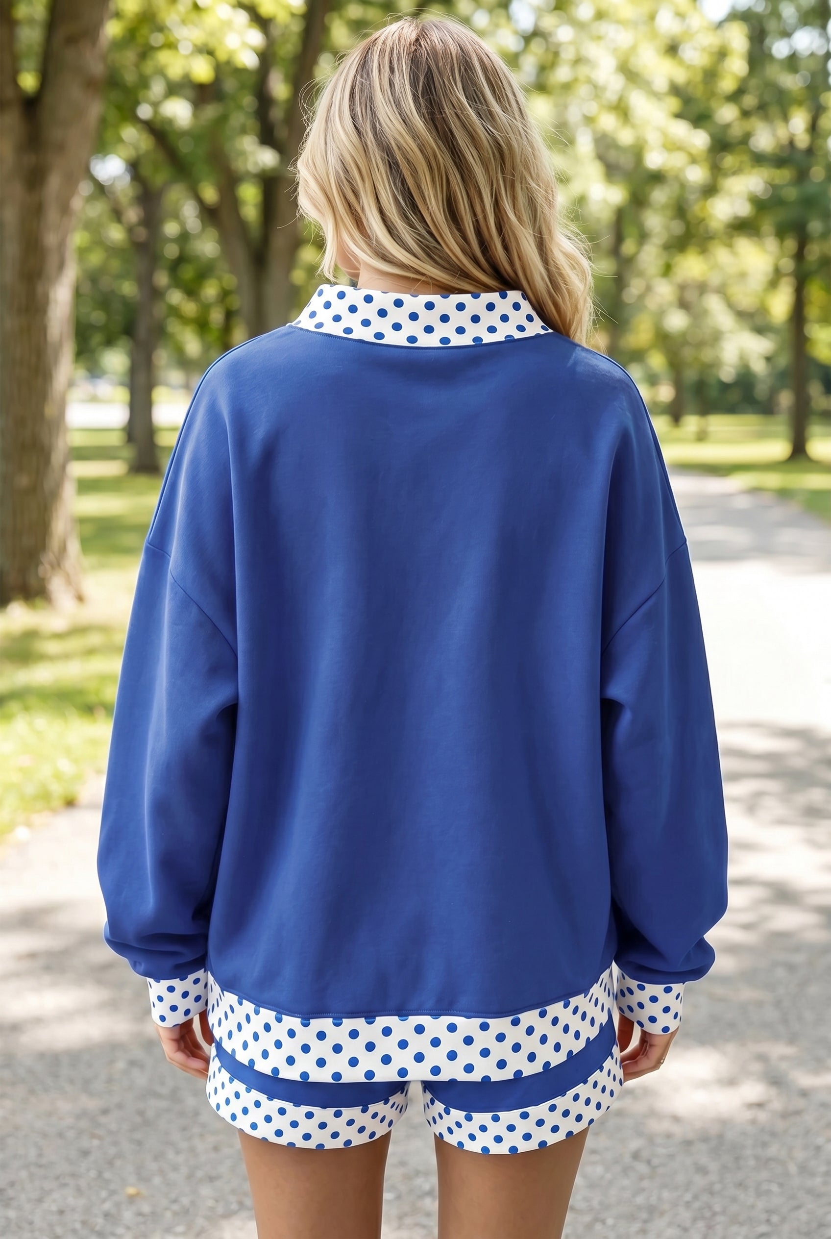 Navy Blue Polka Dot Trim Baggy Pullover 2pcs Short Set