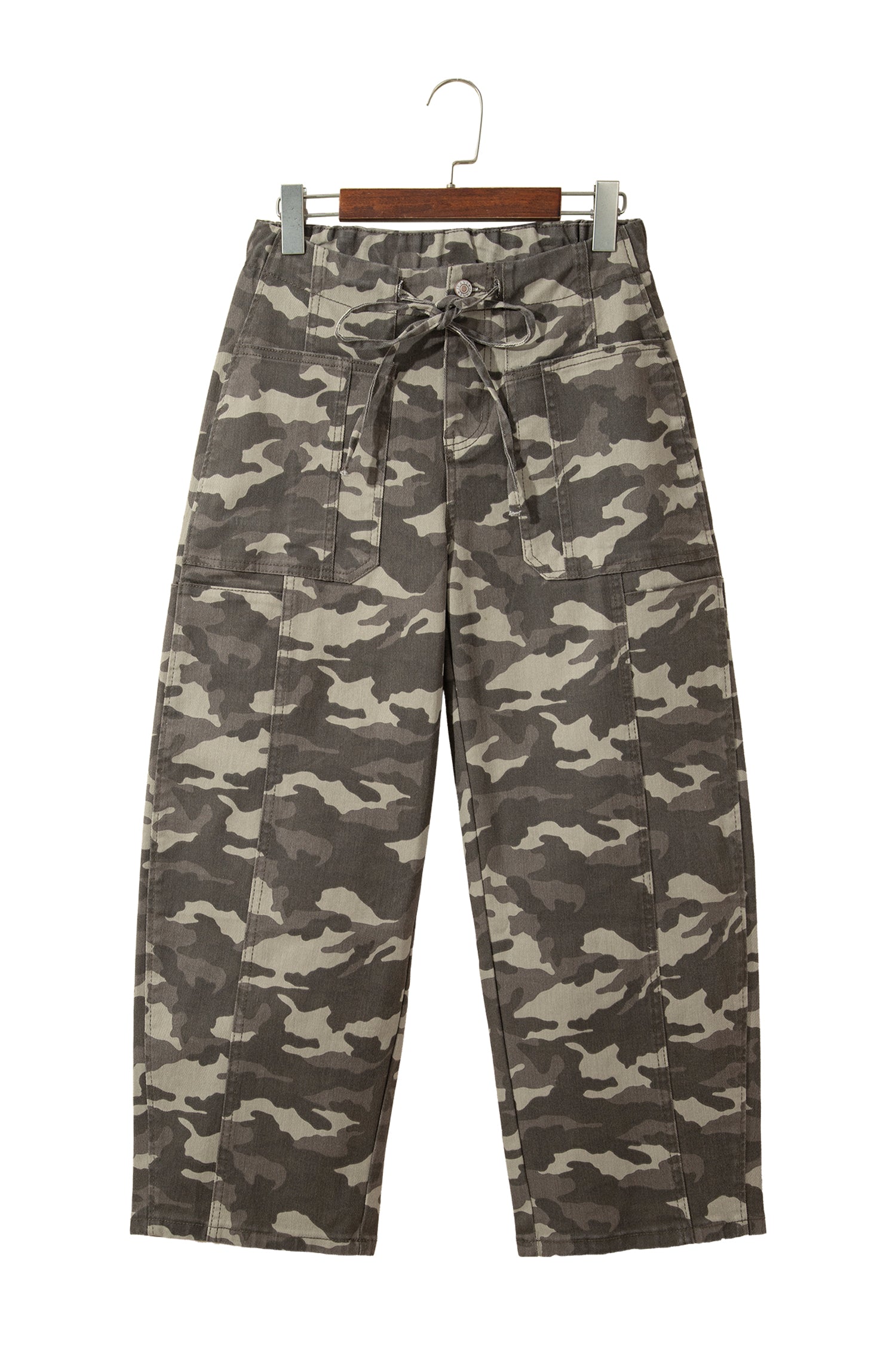 Khaki Leopard Printed Drawstring Elastic Waistband Pocketed Barrel Jeans