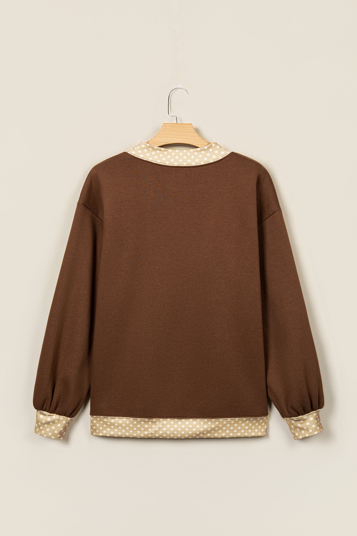 Coffee Polka Dot Trim High Neck BLESSED Letter Graphic Baggy Sweatshirt