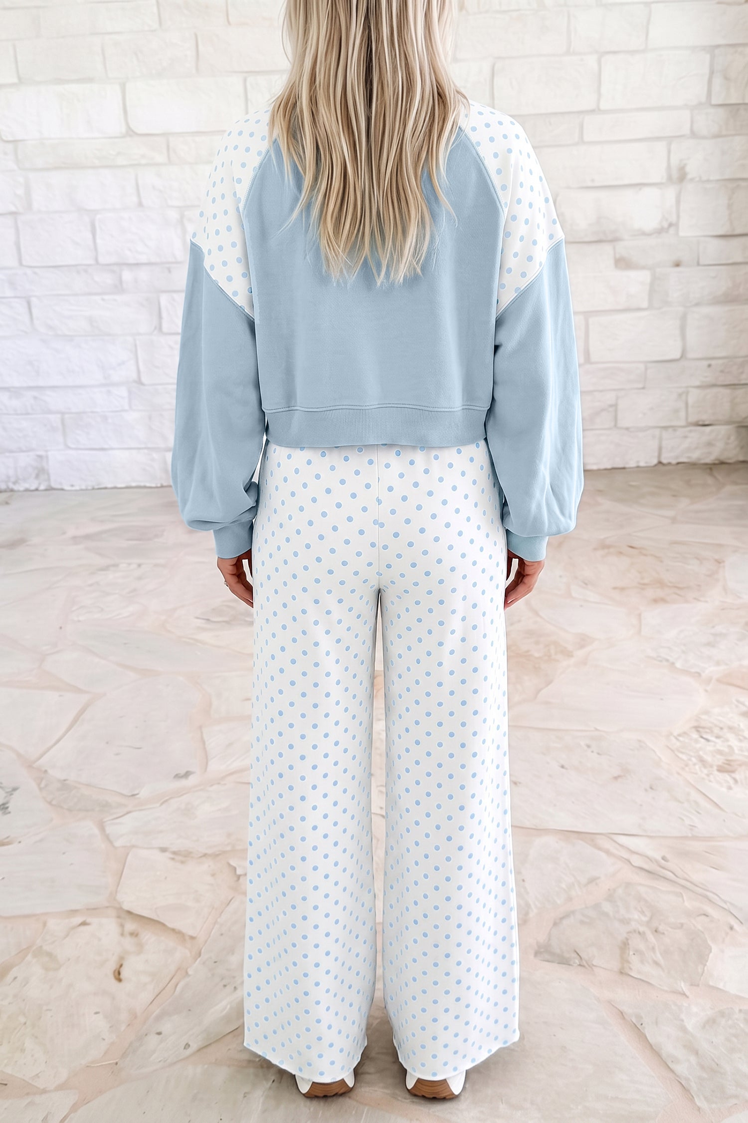 Khaki Polka Dot Patchwork Colorblock Long Sleeve Casual Two Piece Pants Set