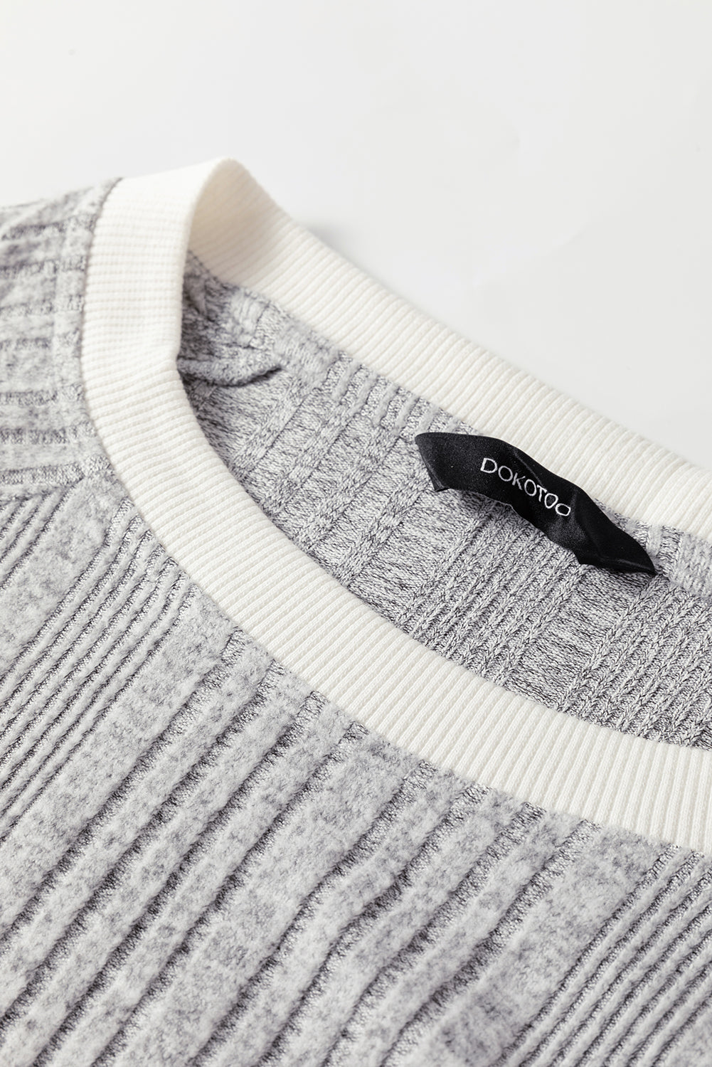 Gray Rib Texture Contrast Trim Round Neck Long Sleeve Top