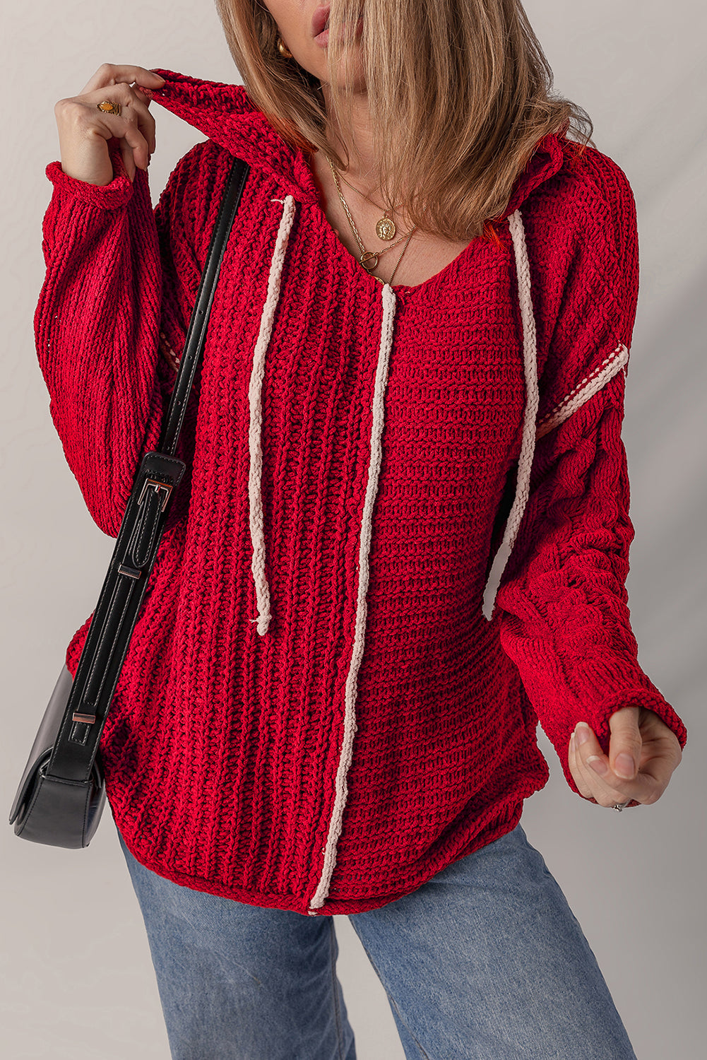 Racing Red Contrast Trim Textured Knit Drawstring Hooded Sweater