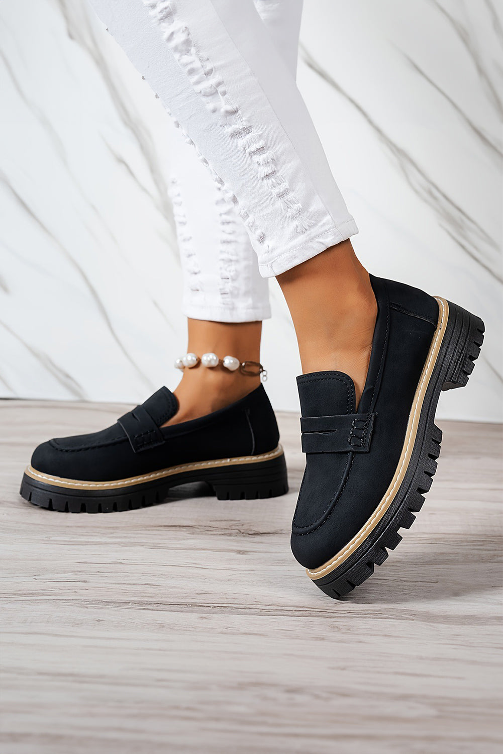 Black Contrast Color Platform Loafers