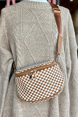 Straw Yellow Checkerboard Woven Zip Crossbody Bag