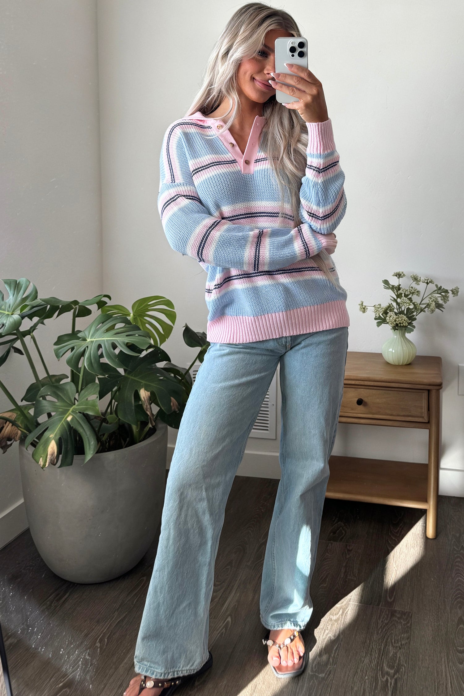 Sky Blue Stripe Striped Button Collar Long Sleeve Shift Fit Winter Knitwear Sweater