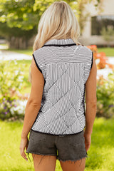 Black Stripe Contrast Trim Snap Button Collared Winter Vest