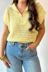 Yellow Solid Color Hollowed Knit Short Sleeve Zipper Collar Knitwear Top