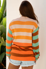 Orange Stripe Color Block High Neck Drop Shoulder Cozy Sweater