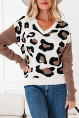 Jet Stream Leopard Print Color Block Patchwork Sleeve V Neck Sweater