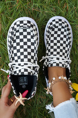 Color black Checkered Print Lace-up Detail Flat Shoes