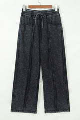 Black Mineral Wash Raw Seam Drawstring Elastic Waist Barrel Pants