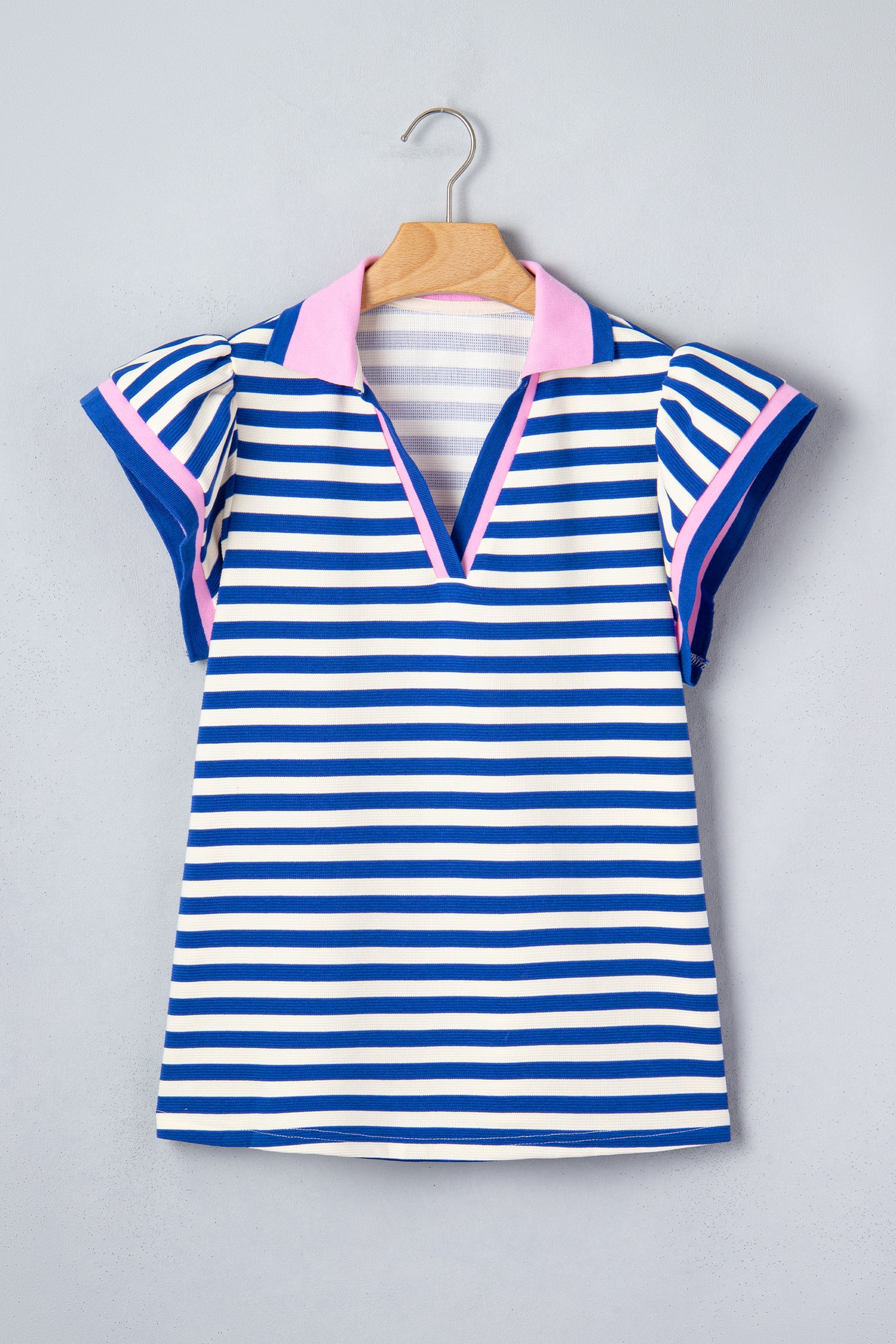 Rose Stripe Contrast Trim Polo Collar Ruffled Short Sleeve Blouse