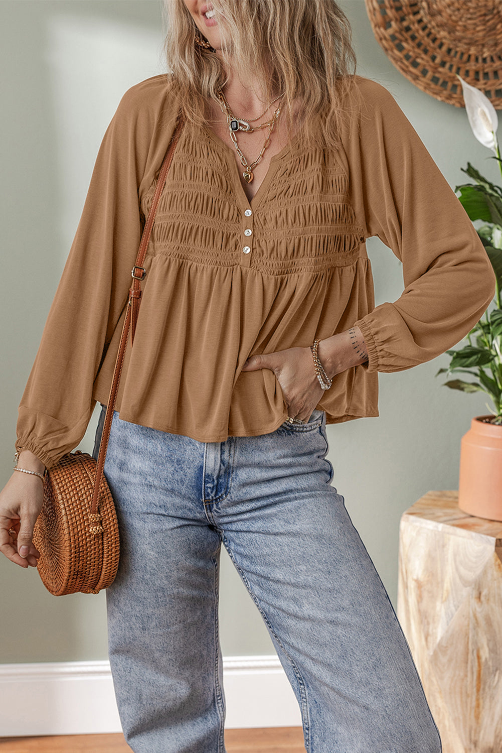 Black Smocked Bust Buttoned Split V Neck Flowy Blouse