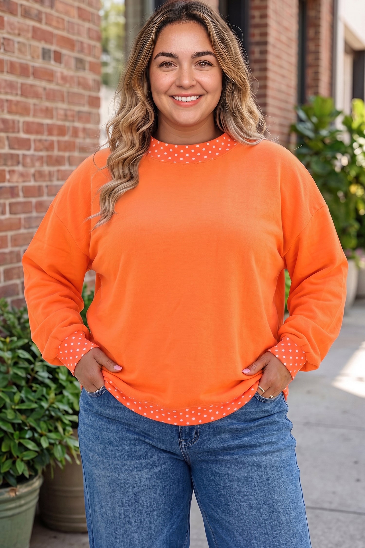 Dark Green Polka Dot Patchwork Round Neck Plus Size Sweatshirt