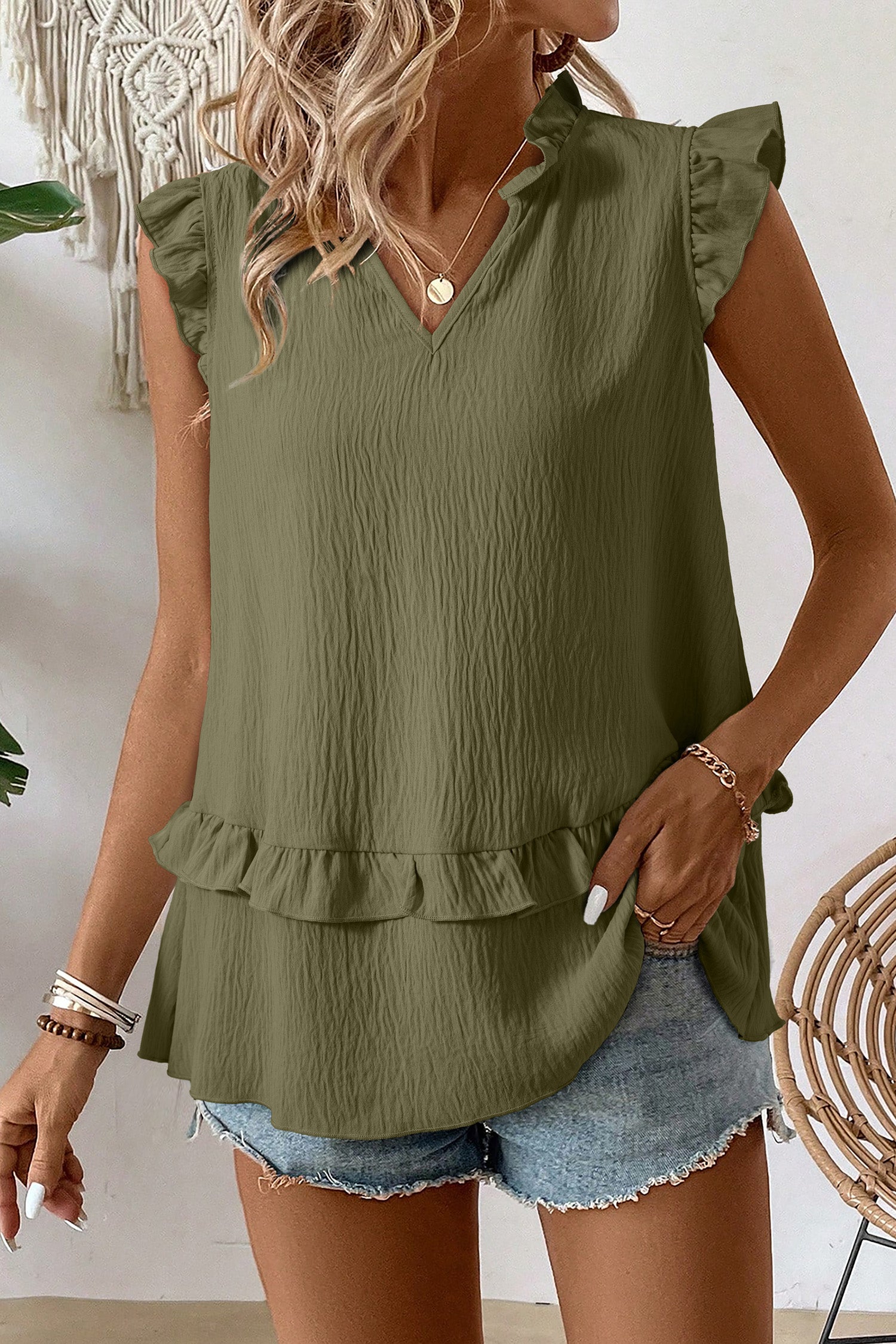 Desert Rose Notched V Neck Ruffle Detail Tank Top