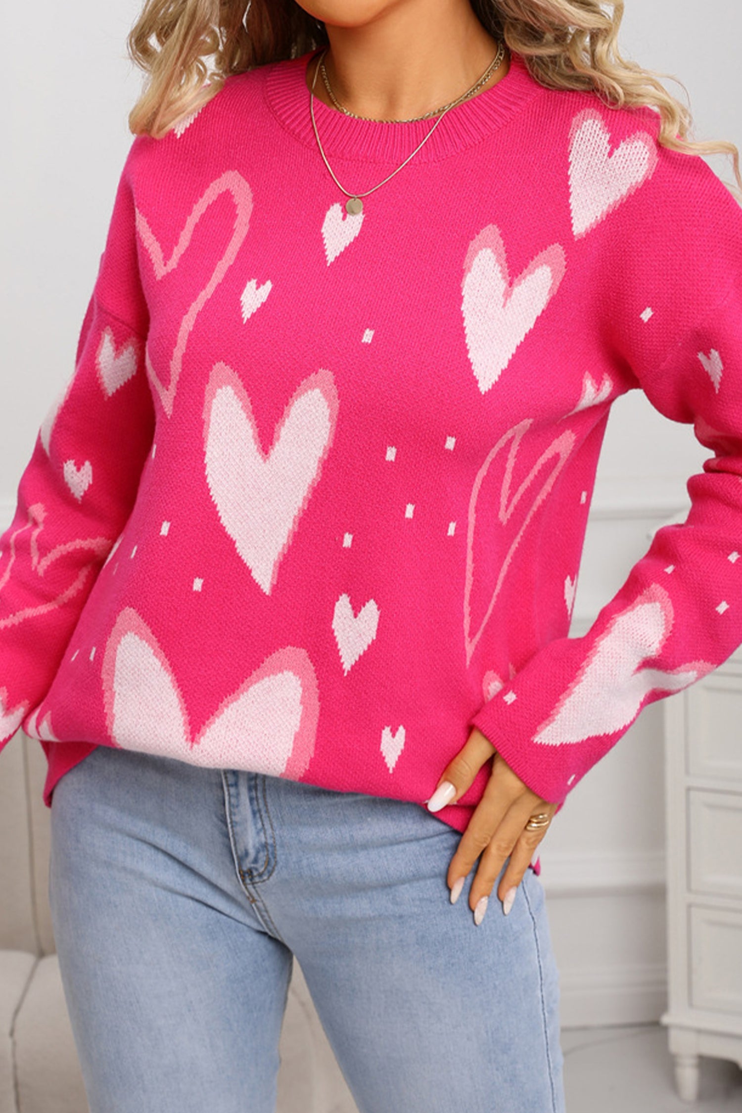 Rose Red Splendid Heart Print Valentines Day Sweater