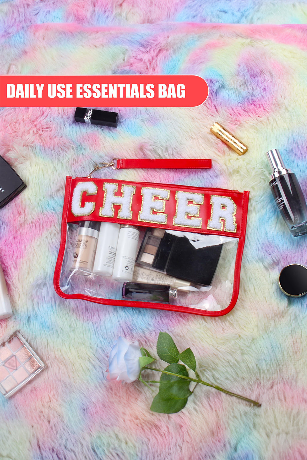 Black DANCE Chenille Letter PU Leather Patchwork Clear Makeup Bag