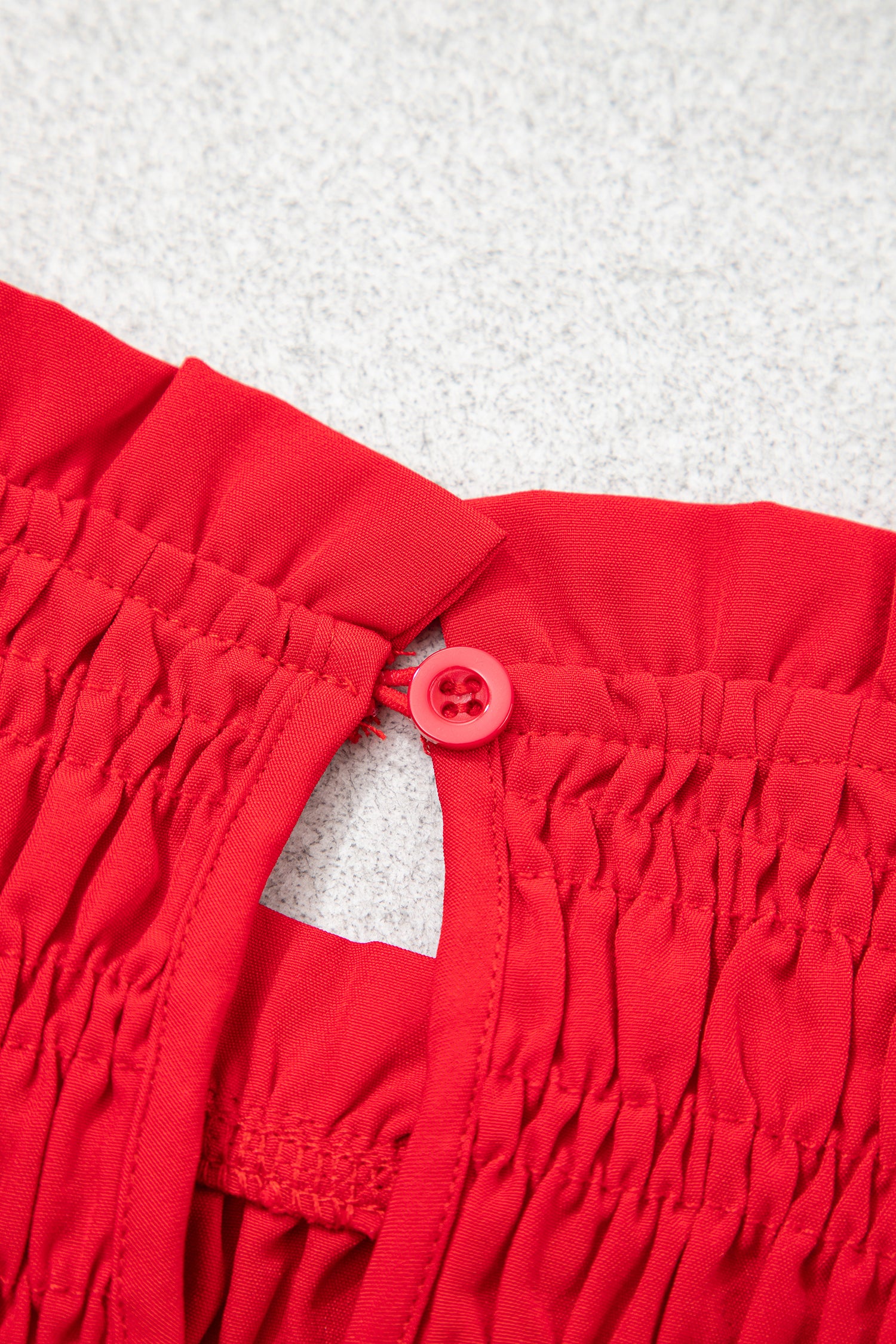 Racing Red Solid Color Smocked Ruffle Hem Long Sleeve Blouse