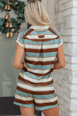 White Stripe Button Polo Collar Tee Drawstring Elastic Waist Patchwork 2pcs Short Set