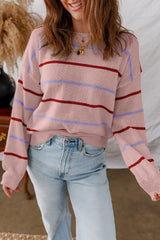 Brown Stripe Striped Ribbed Edge Drop Shoulder Sweater
