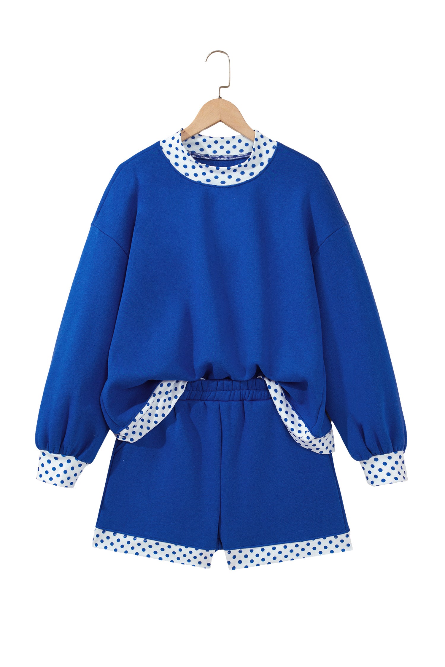 Navy Blue Polka Dot Trim Baggy Pullover 2pcs Short Set