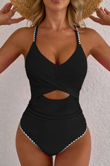 Rose Red Ric Rac Trim Contrasted Patchwork Cutout One Piece Swimsuit