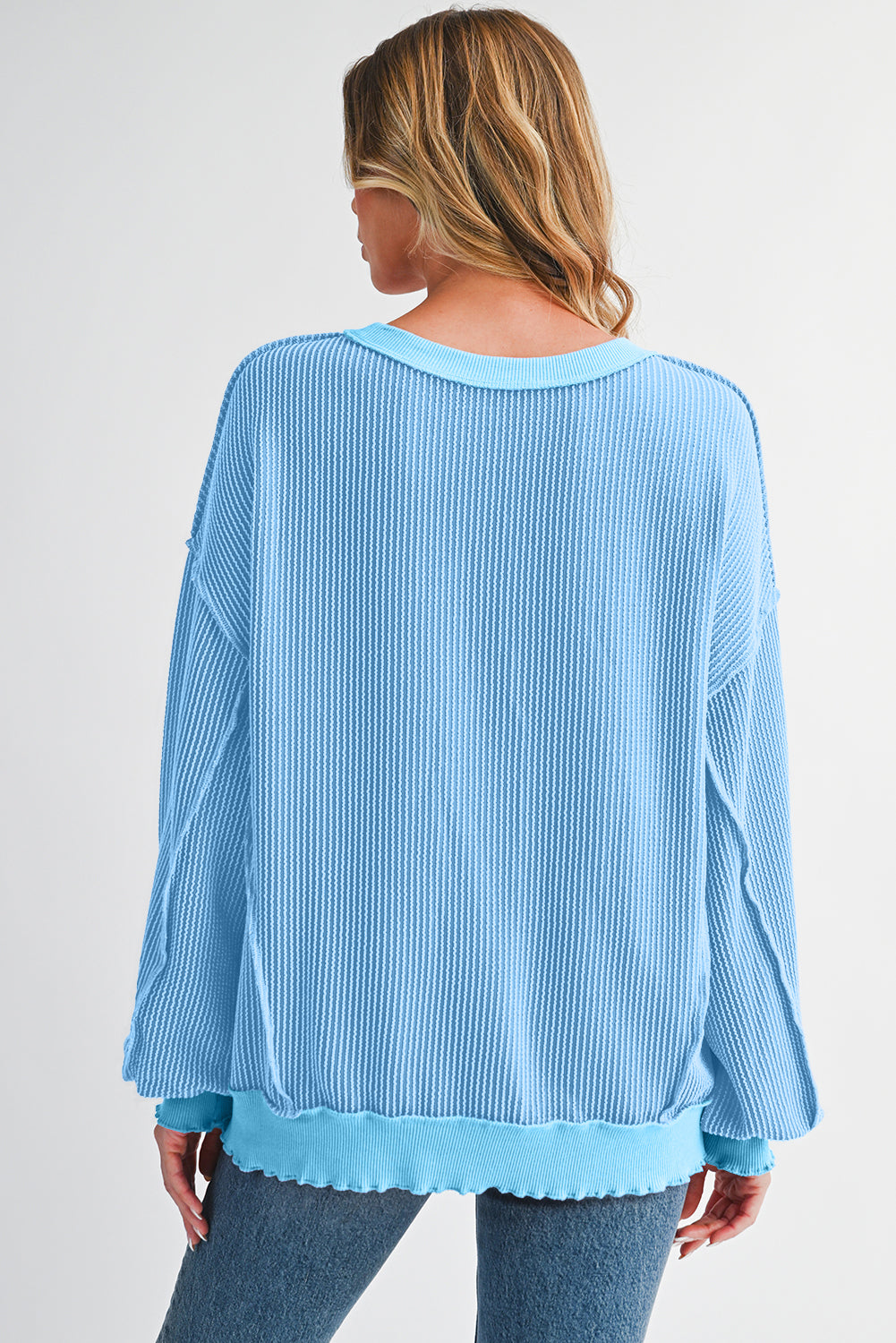 Strawberry Pink Twisted Ribbed Seamed Patchwork Long Sleeve Top