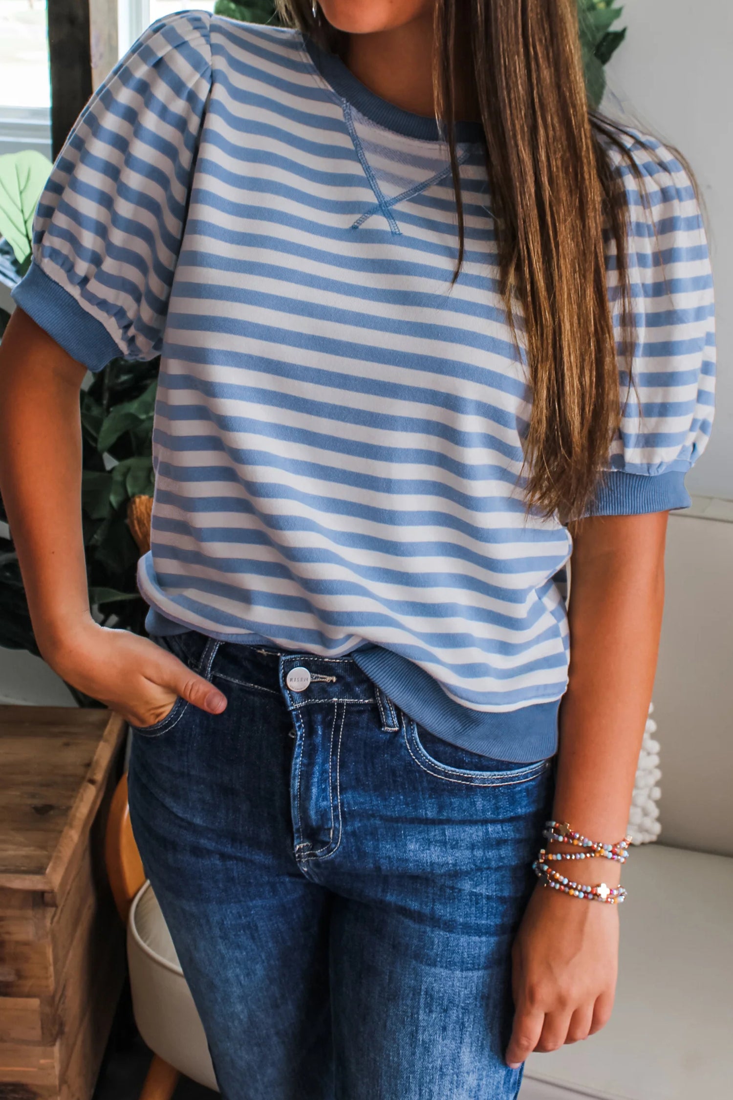 Orange Stripe Short Bubble Sleeve T Shirt