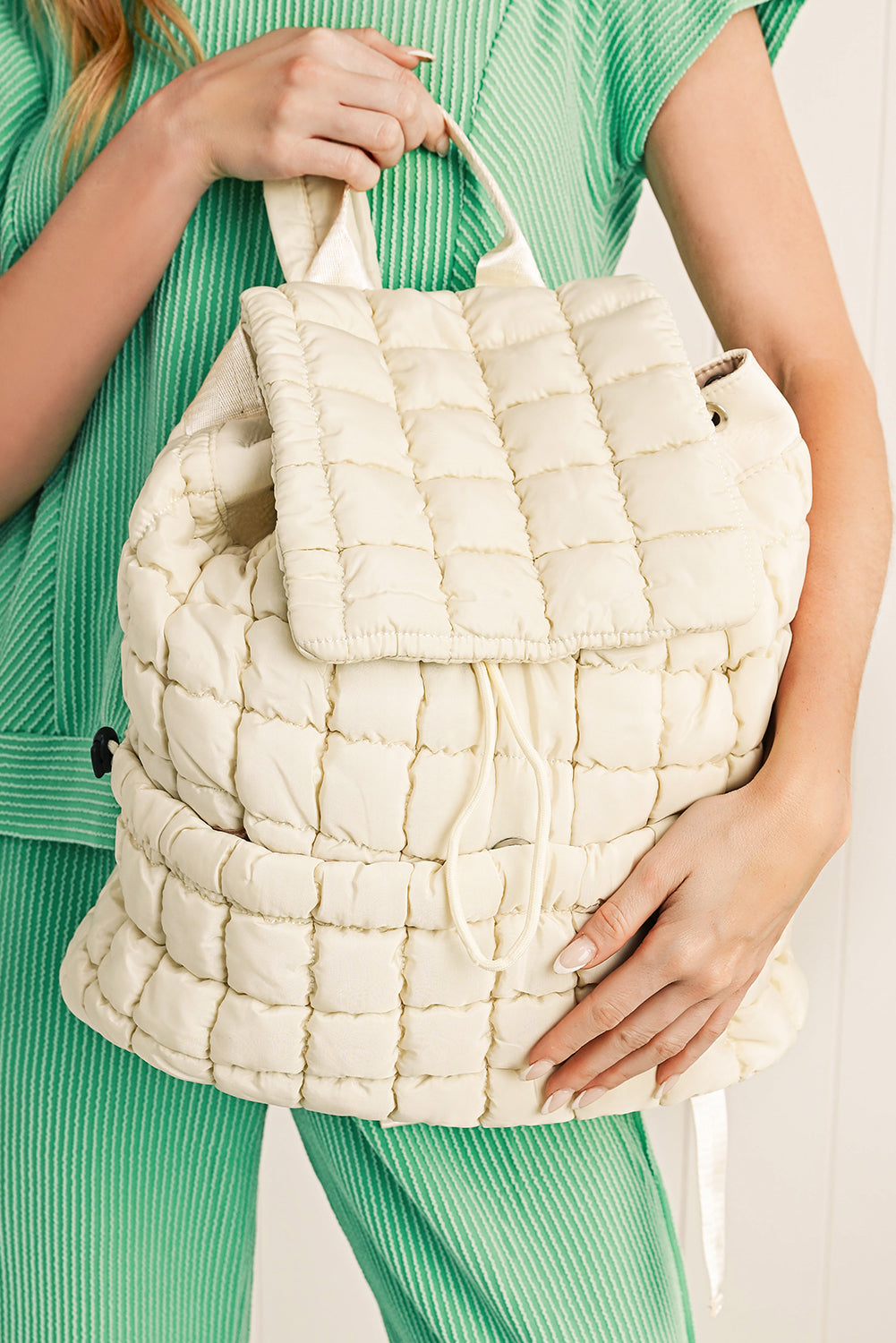 Medium Grey Solid Flapped Quilted Puffer Backpack