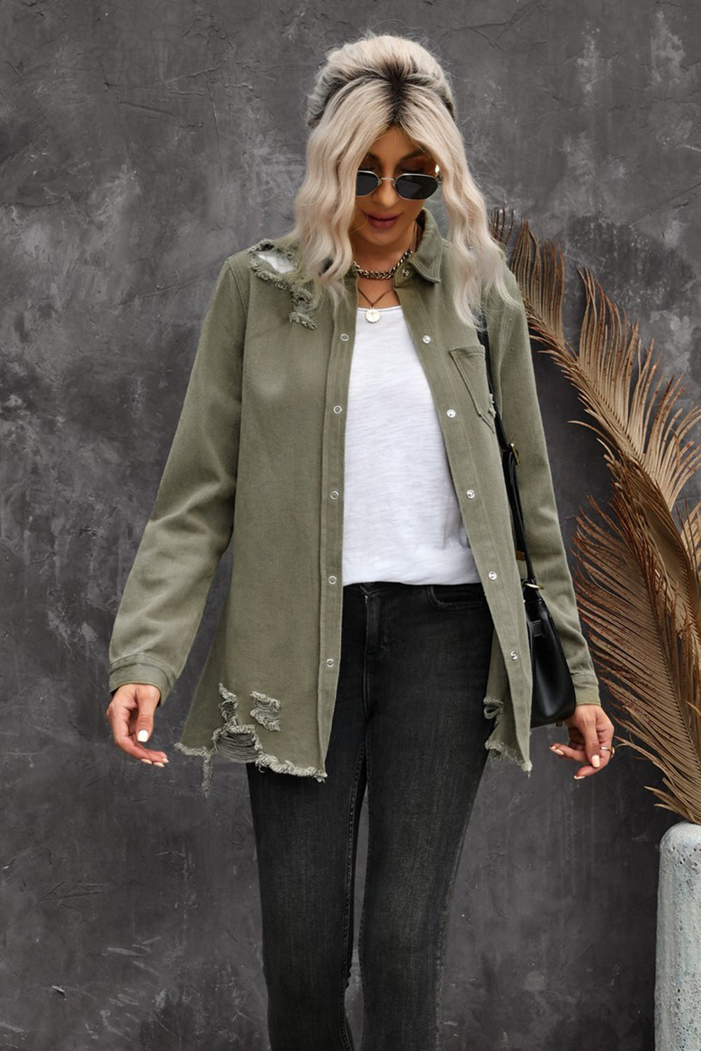 Khaki Raw Hem Distressed Denim Shirt Jacket