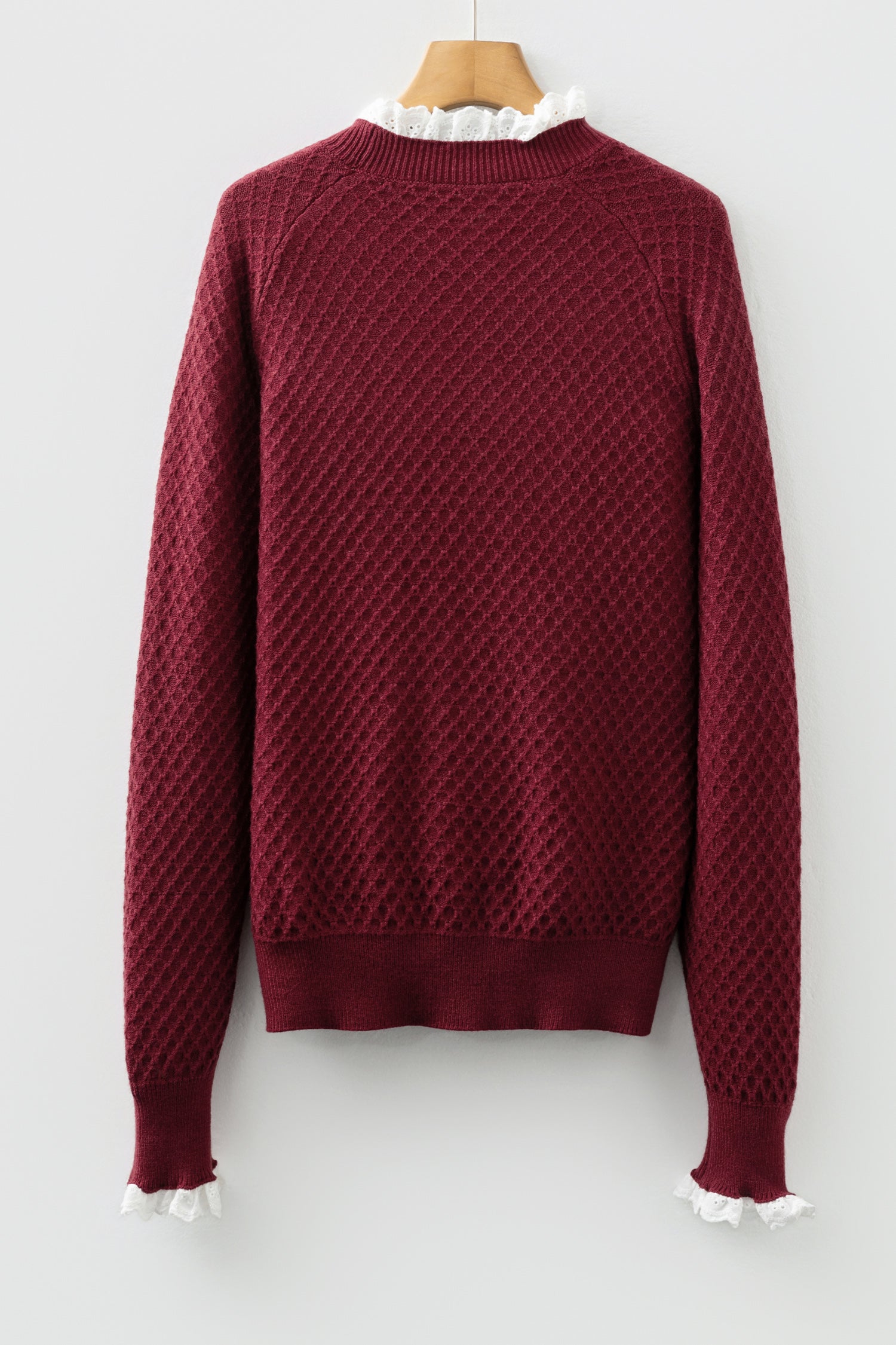 Burgundy  Contrast Lace Frilled Trim Raglan Sleeve Sweater