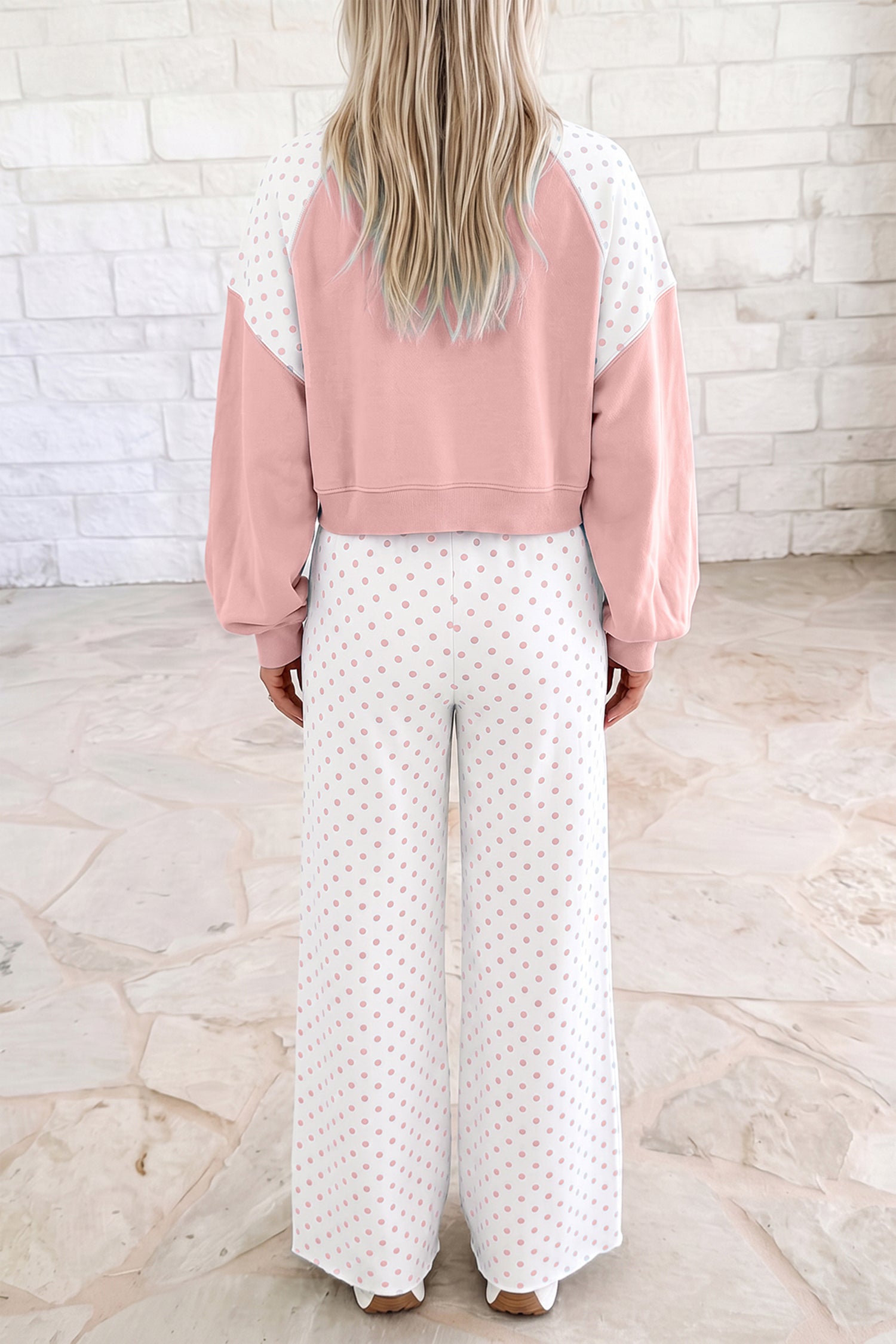 Khaki Polka Dot Patchwork Colorblock Long Sleeve Casual Two Piece Pants Set