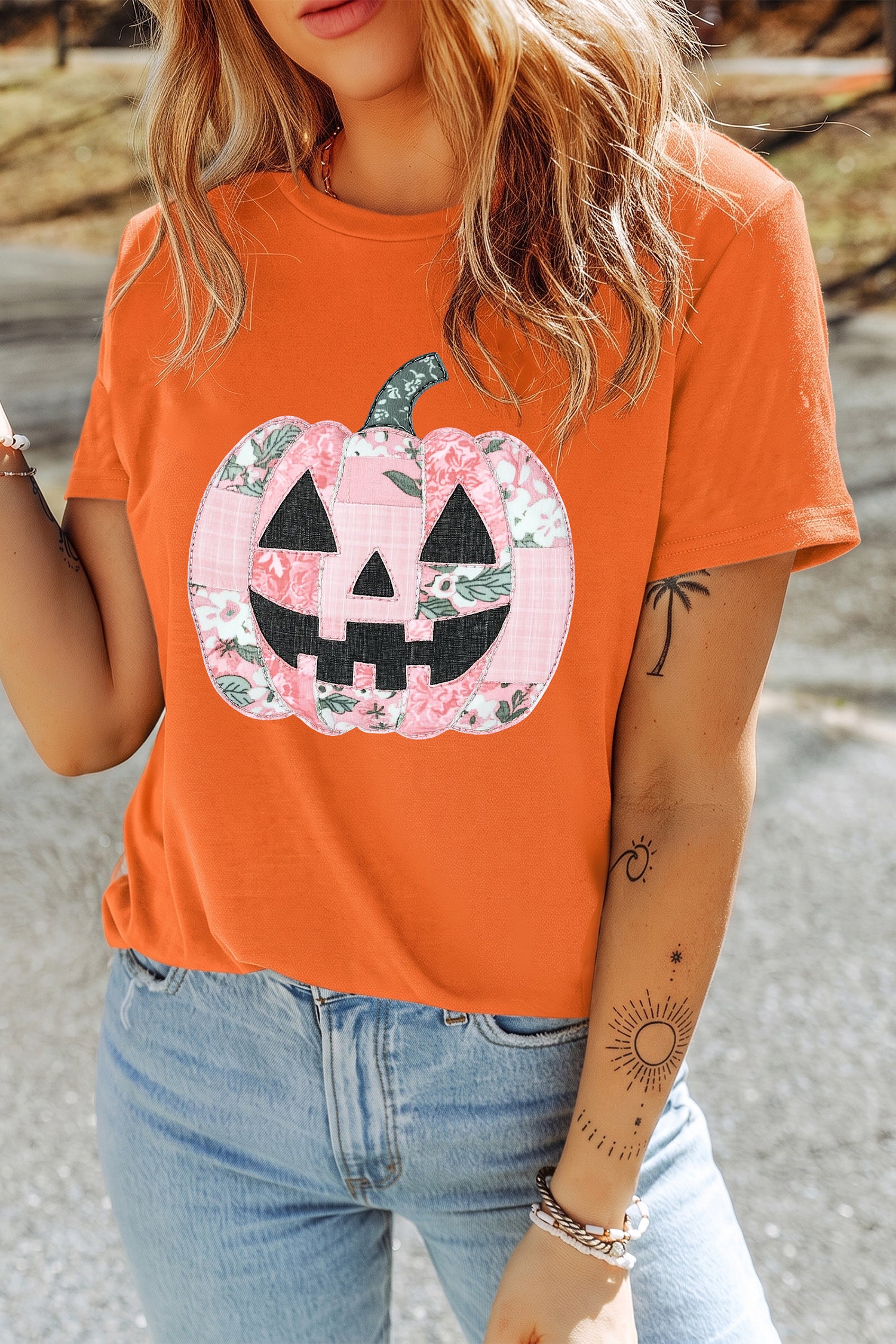 Orange Patchwork Pumpkin Graphic Short Sleeve Round Neck Tee
