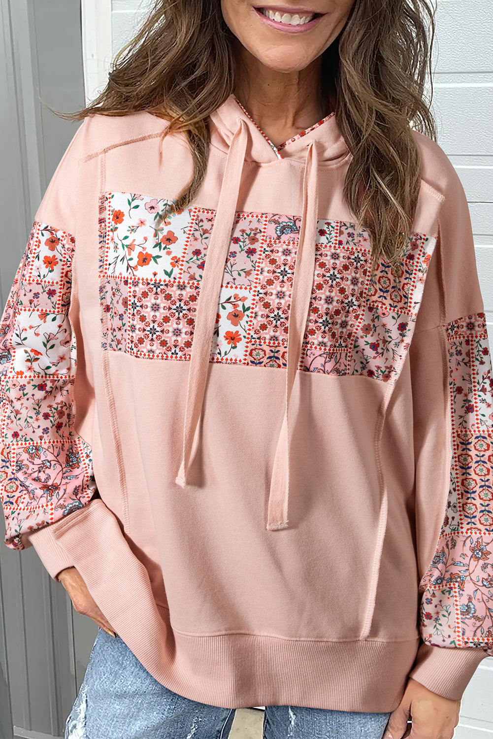 Flamingo Mix Floral Patchwork Side Slit Drawstring Hoodie