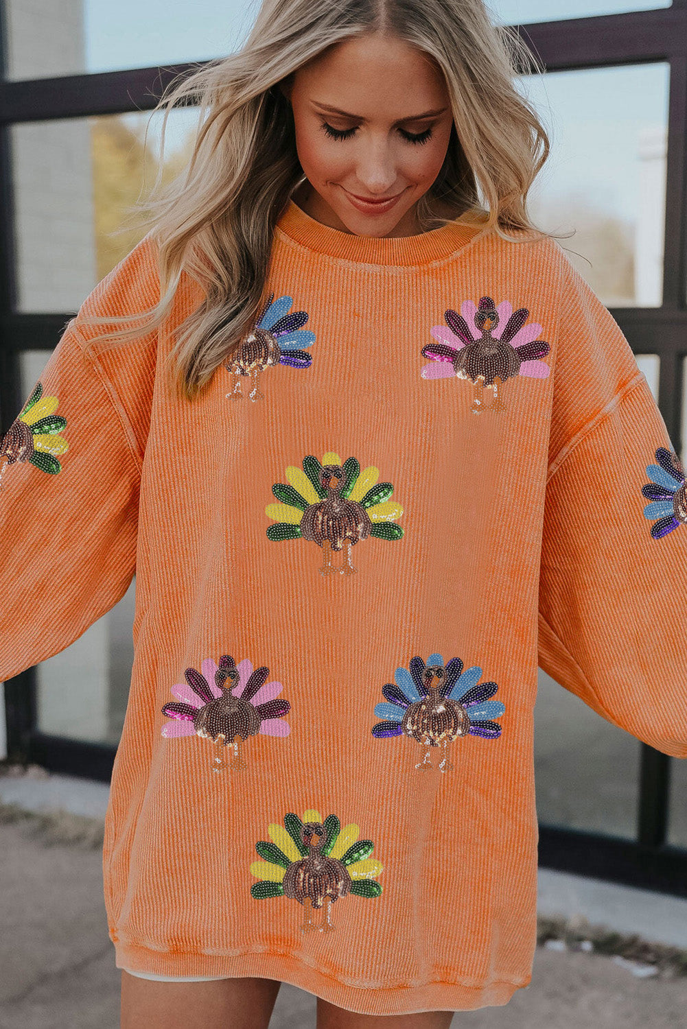 Smoke Gray Turkey Graphic Corded Baggy Sweatshirt