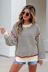Black Stripe Ribbed Trim Drop Shoulder Oversized Sweater