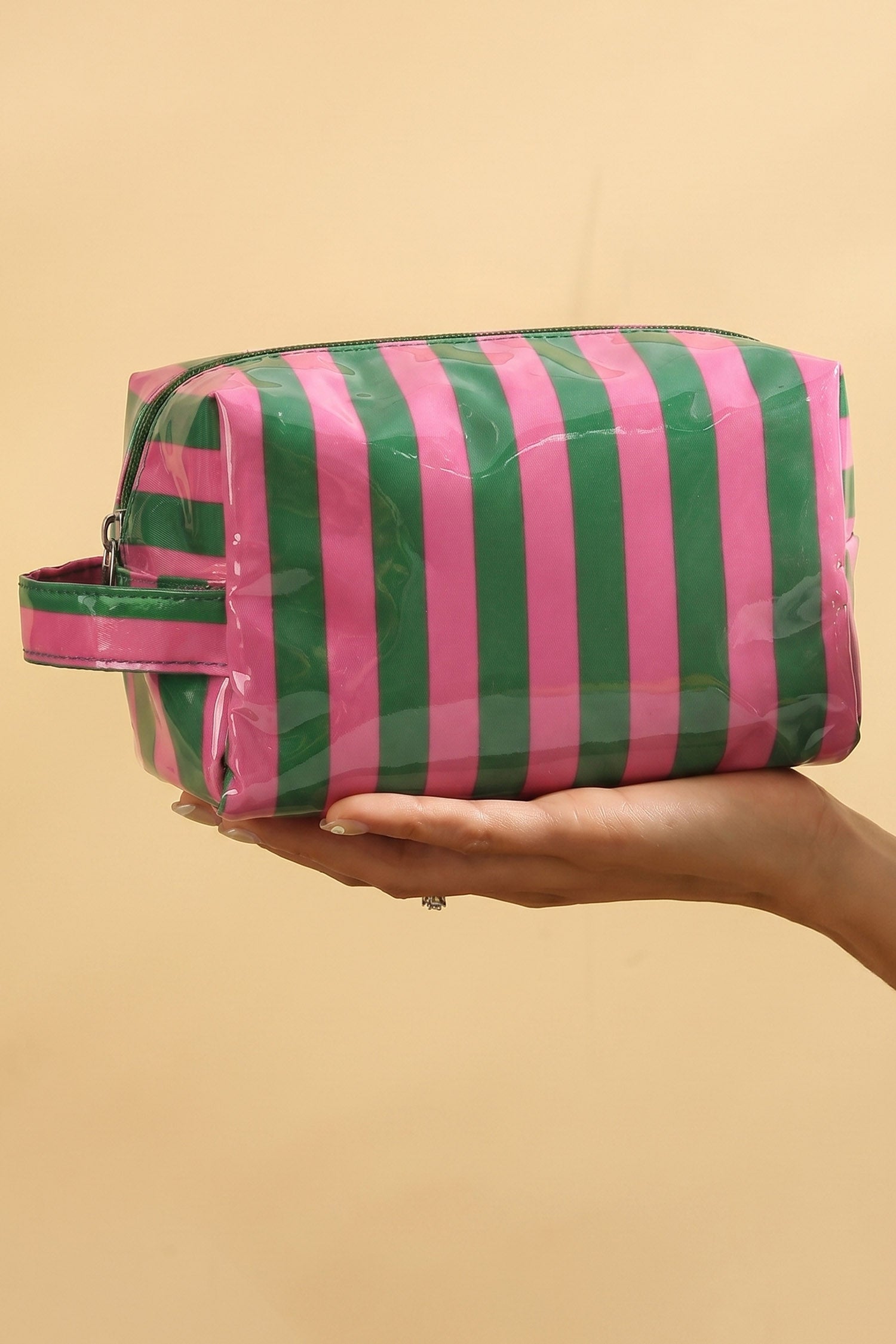Fiery Red PVC Striped Cosmetic Bag Durable Zipper Handle Travel Organizer
