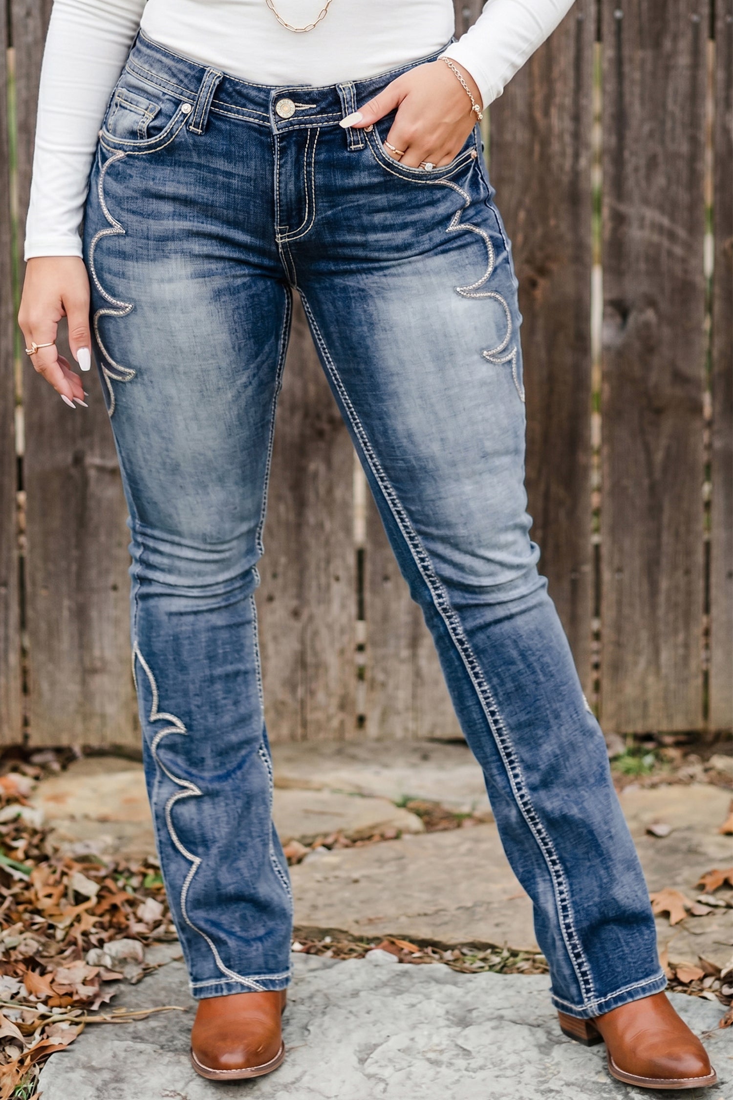 Blue Western Embroidered Flare Full Length Jeans