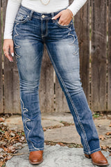 Blue Western Embroidered Flare Full Length Jeans