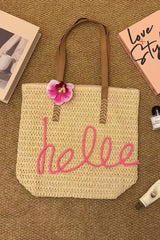 Khaki Hello Boho Handwoven Floral Accent Travel Tote Bag