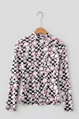 Black Checkered Baseball Bow Print High Neck Long Sleeve Mesh Top