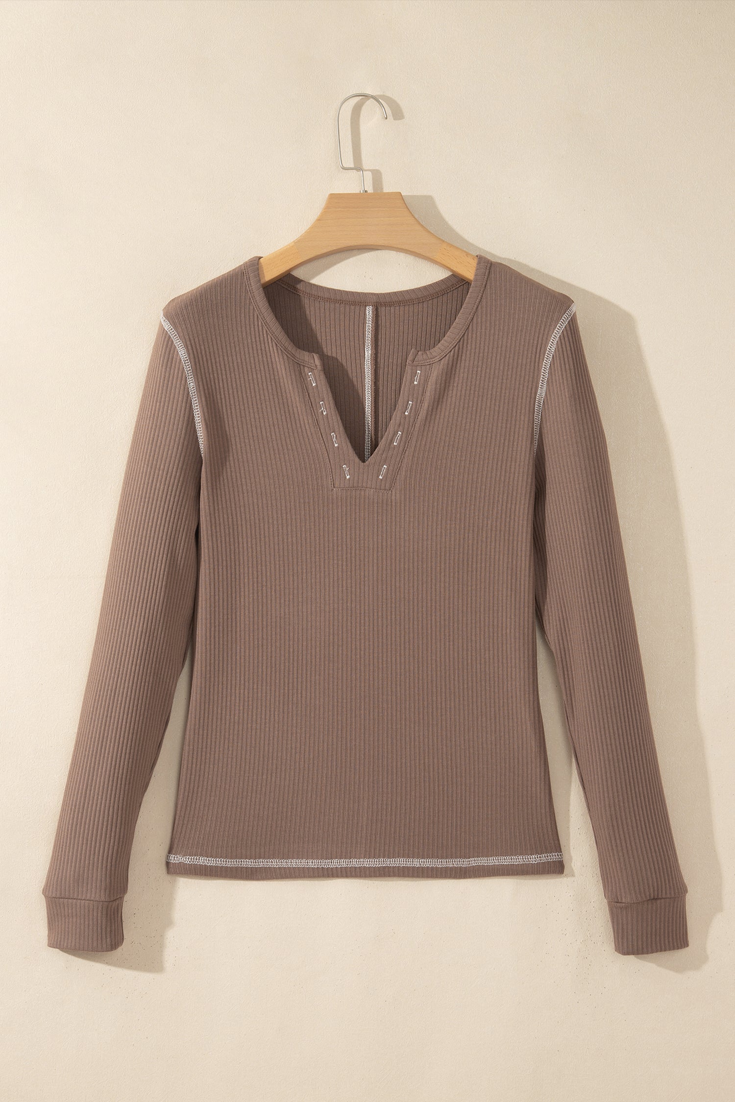 Dark Khaki V Neck Ribbed Stitched Detail Long Sleeve Top