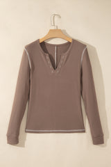 Dark Khaki V Neck Ribbed Stitched Detail Long Sleeve Top