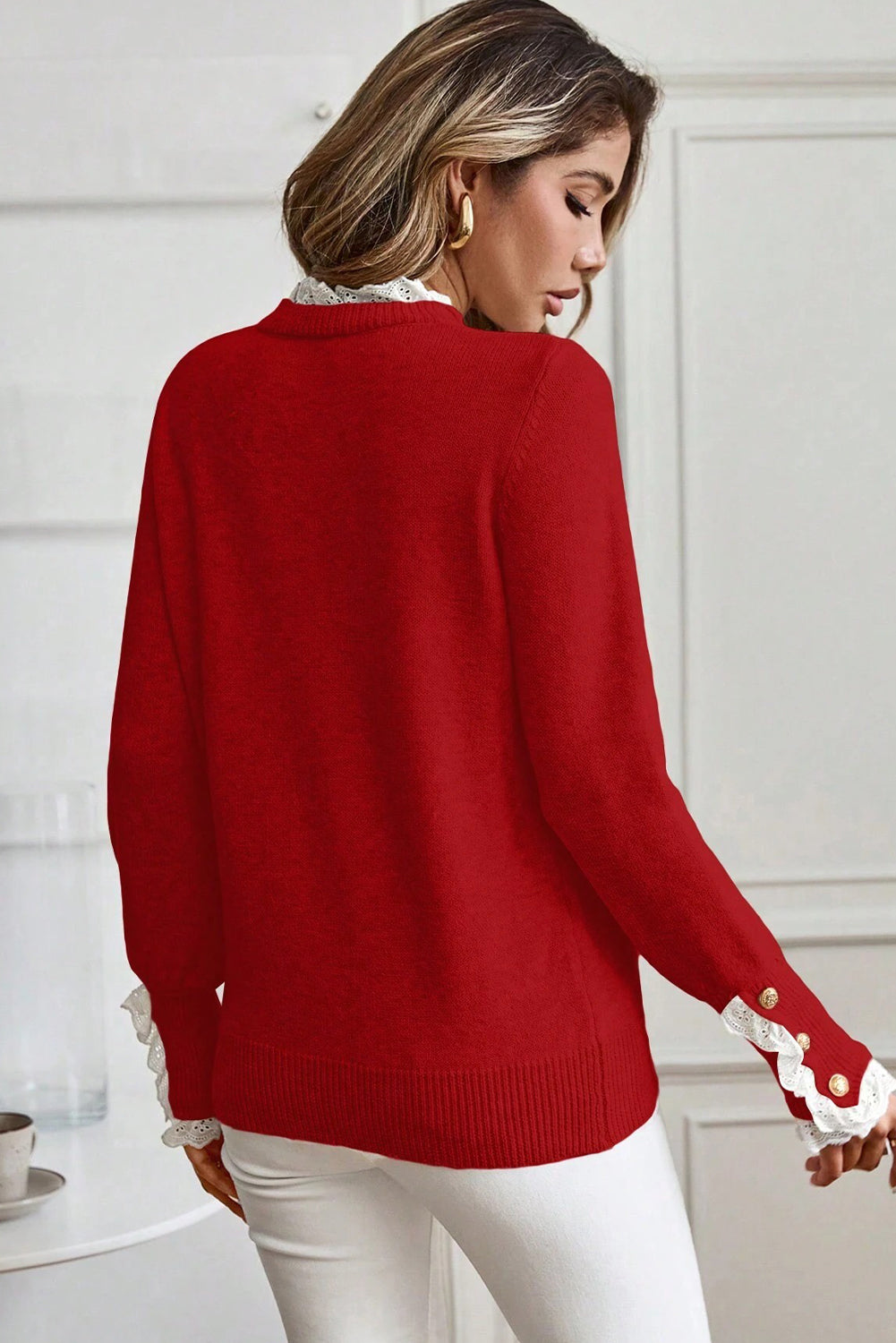 Sleet Lace Trim Patchwork Buttoned Cuffs Loose Sweater