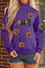 Tillandsia Purple Sequin Pumpkin Spooky Graphic Halloween Pullover Sweatshirt